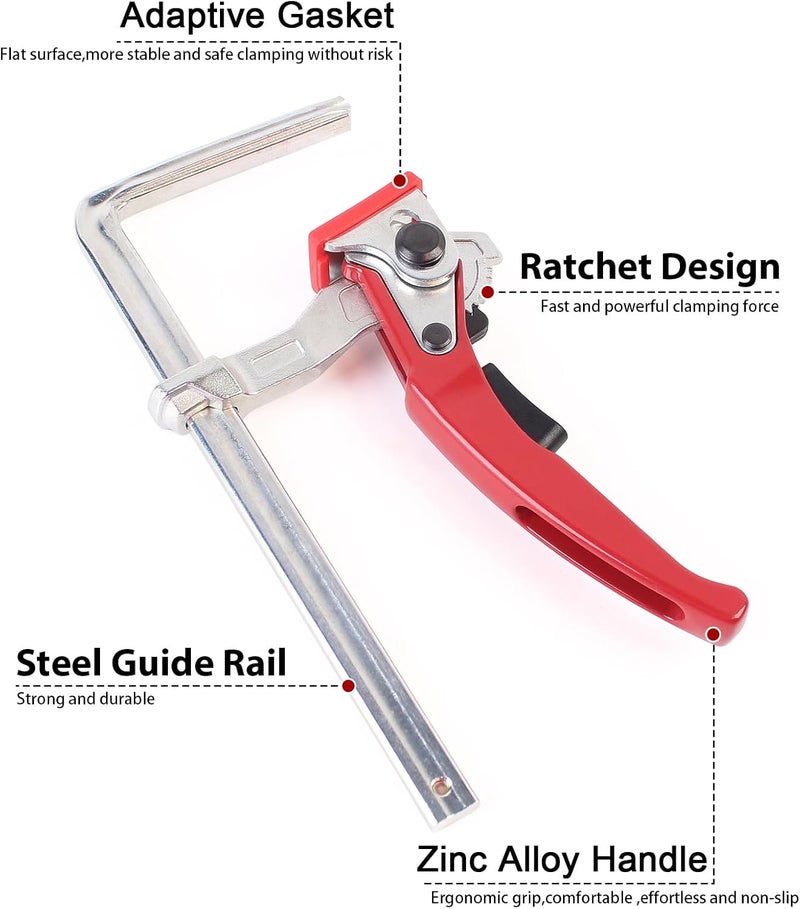 KETIPED 2 Pack Ratcheting Table Clamp, Quick Saw Track Clamps, Ratchet Guide Rail Quick Bar Clamp for MFT Table and Guide Rail System,F-Clamps with 0~6" Clamping Range,MG-040RD - Image 3